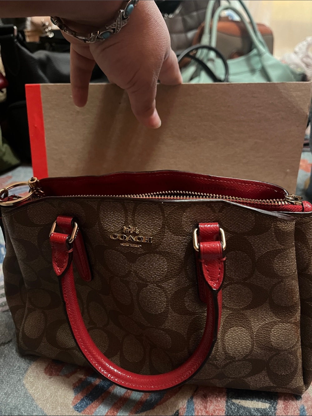 Coach Brown Signature Satchel with Red Leather Trim short and spicy 🌶️